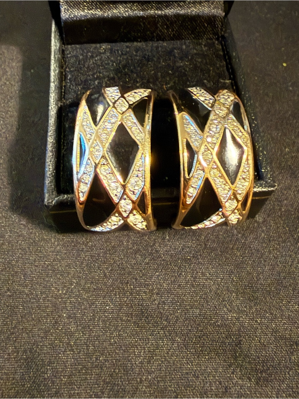Black and Gold Crisscross Pavé Hoop Earrings signed Daniel Swaroski